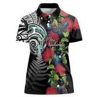 Meri Kirihimete New Zealand Women Polo Shirt Tui on Pohutukawa LT7 Female Black - Polynesian Pride