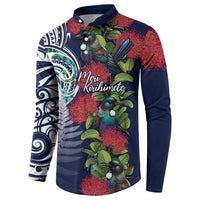 Meri Kirihimete New Zealand Button Sweatshirt Tui on Pohutukawa - Blue Ver