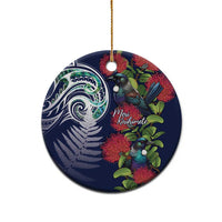 Meri Kirihimete New Zealand Ceramic Ornament Tui on Pohutukawa - Blue Ver