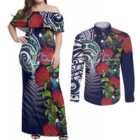 Meri Kirihimete New Zealand Couples Matching Off Shoulder Maxi Dress and Long Sleeve Button Shirt Tui on Pohutukawa - Blue Ver LT7 Blue - Polynesian Pride