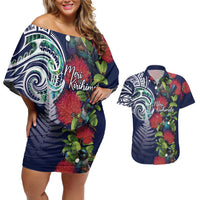 Meri Kirihimete New Zealand Couples Matching Off Shoulder Short Dress and Hawaiian Shirt Tui on Pohutukawa - Blue Ver LT7 Blue - Polynesian Pride
