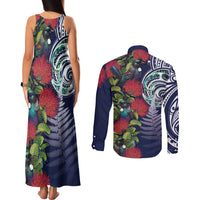 Meri Kirihimete New Zealand Couples Matching Tank Maxi Dress and Long Sleeve Button Shirt Tui on Pohutukawa - Blue Ver LT7 - Polynesian Pride