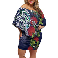 Meri Kirihimete New Zealand Family Matching Off Shoulder Short Dress and Hawaiian Shirt Tui on Pohutukawa - Blue Ver