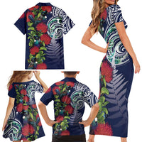 Meri Kirihimete New Zealand Family Matching Short Sleeve Bodycon Dress and Hawaiian Shirt Tui on Pohutukawa - Blue Ver LT7 - Polynesian Pride