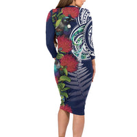 Meri Kirihimete New Zealand Long Sleeve Bodycon Dress Tui on Pohutukawa - Blue Ver LT7 - Polynesian Pride
