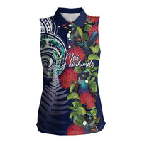 Meri Kirihimete New Zealand Women Sleeveless Polo Shirt Tui on Pohutukawa - Blue Ver LT7 Female Blue - Polynesian Pride