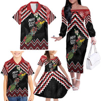 New Zealand Christmas Taniko Poutama Family Matching Off The Shoulder Long Sleeve Dress and Hawaiian Shirt Flora Map with Birds - Polynesian Pride