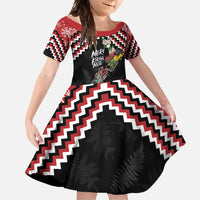 New Zealand Christmas Taniko Poutama Family Matching Off Shoulder Maxi Dress and Hawaiian Shirt Flora Map with Birds LT7 Daughter's Dress Red - Polynesian Pride