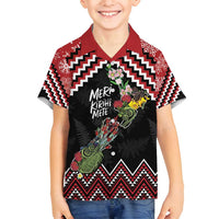 New Zealand Christmas Taniko Poutama Family Matching Off Shoulder Maxi Dress and Hawaiian Shirt Flora Map with Birds LT7 Son's Shirt Red - Polynesian Pride