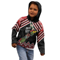 New Zealand Christmas Taniko Poutama Kid Hoodie Flora Map with Birds - Polynesian Pride