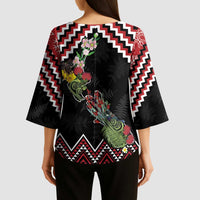 New Zealand Christmas Taniko Poutama Kimono Sleeve Blouse Flora Map with Birds - Polynesian Pride