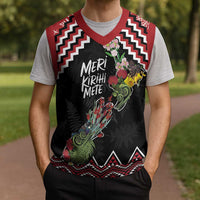 New Zealand Christmas Taniko Poutama Christmas Knitted V-Neck Vest Flora Map with Birds - Polynesian Pride