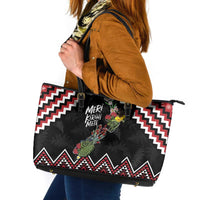 New Zealand Christmas Taniko Poutama Leather Tote Bag Flora Map with Birds - Polynesian Pride