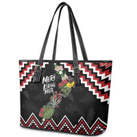 New Zealand Christmas Taniko Poutama Leather Tote Bag Flora Map with Birds - Polynesian Pride