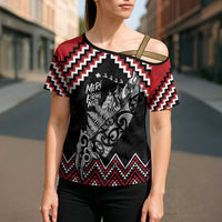 New Zealand Christmas Taniko Poutama Cross Shoulder Shirt Mountainscape Maori Fern - Polynesian Pride