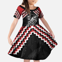 New Zealand Christmas Taniko Poutama Family Matching Off Shoulder Maxi Dress and Hawaiian Shirt Mountainscape Maori Fern LT7 Daughter's Dress Black - Polynesian Pride