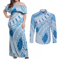 Bula Fiji Classic Masi Tapa Couples Matching Off Shoulder Maxi Dress and Long Sleeve Button Shirt Turquoise - Polynesian Pride