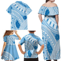 Bula Fiji Classic Masi Tapa Family Matching Off Shoulder Maxi Dress and Hawaiian Shirt Turquoise - Polynesian Pride