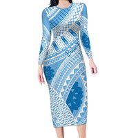 Bula Fiji Classic Masi Tapa Long Sleeve Bodycon Dress Turquoise - Polynesian Pride
