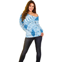Bula Fiji Classic Masi Tapa Off Shoulder Sweater Turquoise - Polynesian Pride