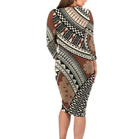 Bula Fiji Classic Masi Tapa Family Matching Long Sleeve Bodycon Dress and Hawaiian Shirt Vintage Brown - Polynesian Pride