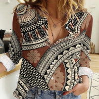 Bula Fiji Classic Masi Tapa Women Casual Shirt Vintage Brown - Polynesian Pride