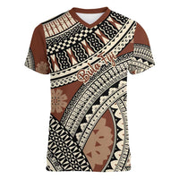 Bula Fiji Classic Masi Tapa Women V-Neck T-Shirt Vintage Brown - Polynesian Pride