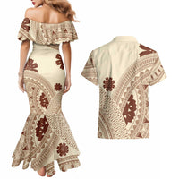 Bula Fiji Classic Masi Tapa Couples Matching Mermaid Dress and Hawaiian Shirt Vintage Beige - Polynesian Pride