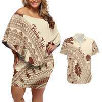 Bula Fiji Classic Masi Tapa Couples Matching Off Shoulder Short Dress and Hawaiian Shirt Vintage Beige - Polynesian Pride