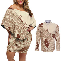 Bula Fiji Classic Masi Tapa Couples Matching Off Shoulder Short Dress and Long Sleeve Button Shirt Vintage Beige - Polynesian Pride