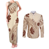 Bula Fiji Classic Masi Tapa Couples Matching Tank Maxi Dress and Long Sleeve Button Shirt Vintage Beige - Polynesian Pride
