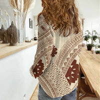 Bula Fiji Classic Masi Tapa Women Casual Shirt Vintage Beige - Polynesian Pride