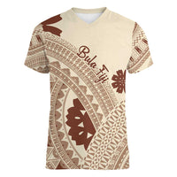 Bula Fiji Classic Masi Tapa Women V-Neck T-Shirt Vintage Beige - Polynesian Pride
