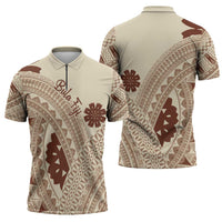Bula Fiji Classic Masi Tapa Zipper Polo Shirt Vintage Beige - Polynesian Pride