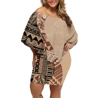 Bula Fiji Family Matching Off Shoulder Short Dress and Hawaiian Shirt Tribal Masi Tapa - Beige LT7 Mom's Dress Beige - Polynesian Pride