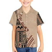 Bula Fiji Family Matching Summer Maxi Dress and Hawaiian Shirt Tribal Masi Tapa - Beige LT7 Son's Shirt Beige - Polynesian Pride