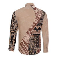 Bula Fiji Long Sleeve Button Shirt Tribal Masi Tapa - Beige LT7 - Polynesian Pride