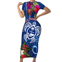 Guam Christmas Family Matching Short Sleeve Bodycon Dress and Hawaiian Shirt Turtle Mix Tapa Felis Pasgua LT7 Mom's Dress Blue - Polynesian Pride