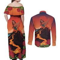Hawaii Kilauea Volcano Couples Matching Off Shoulder Maxi Dress and Long Sleeve Button Shirt Pele Goddess