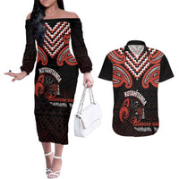 Maori Waitangi Couples Matching Off The Shoulder Long Sleeve Dress and Hawaiian Shirt Kotahitanga Poutama Mix Whakairo LT7 Black - Polynesian Pride