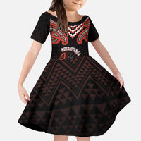 Maori Waitangi Family Matching Off The Shoulder Long Sleeve Dress and Hawaiian Shirt Kotahitanga Poutama Mix Whakairo LT7 Daughter's Dress Black - Polynesian Pride