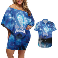 NZ Maori Matariki Scenery Couples Matching Off Shoulder Short Dress and Hawaiian Shirt Galaxy Sky
