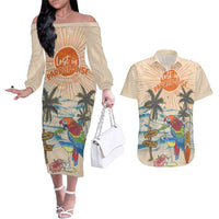 Personalized Christmas In July - Hawaii Retro Couples Matching Off The Shoulder Long Sleeve Dress and Hawaiian Shirt Lost In Parrot-dise LT7 Beige - Polynesian Pride