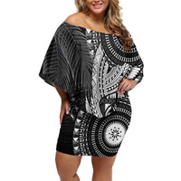 Fiji Rugby Personalised Bula Masi Off Shoulder Short Dress Fish Tail Kaivity Cibi - Black