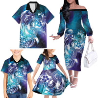 Aloha Hawaii Turtle Family Matching Off The Shoulder Long Sleeve Dress and Hawaiian Shirt Teal Purple Ribbon - Polynesian Pride