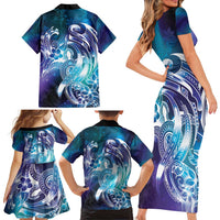 Aloha Hawaii Turtle Family Matching Short Sleeve Bodycon Dress and Hawaiian Shirt Teal Purple Ribbon LT7 - Polynesian Pride