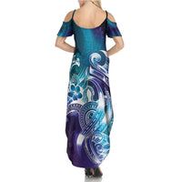 Aloha Hawaii Turtle Family Matching Summer Maxi Dress and Hawaiian Shirt Teal Purple Ribbon - Polynesian Pride