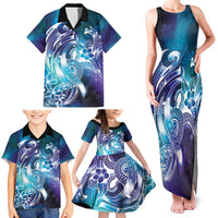 Aloha Hawaii Turtle Family Matching Tank Maxi Dress and Hawaiian Shirt Teal Purple Ribbon - Polynesian Pride