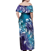 Aloha Hawaii Turtle Off Shoulder Maxi Dress Teal Purple Ribbon - Polynesian Pride
