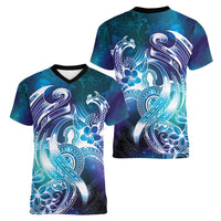 Aloha Hawaii Turtle Women V-Neck T-Shirt Teal Purple Ribbon - Polynesian Pride
